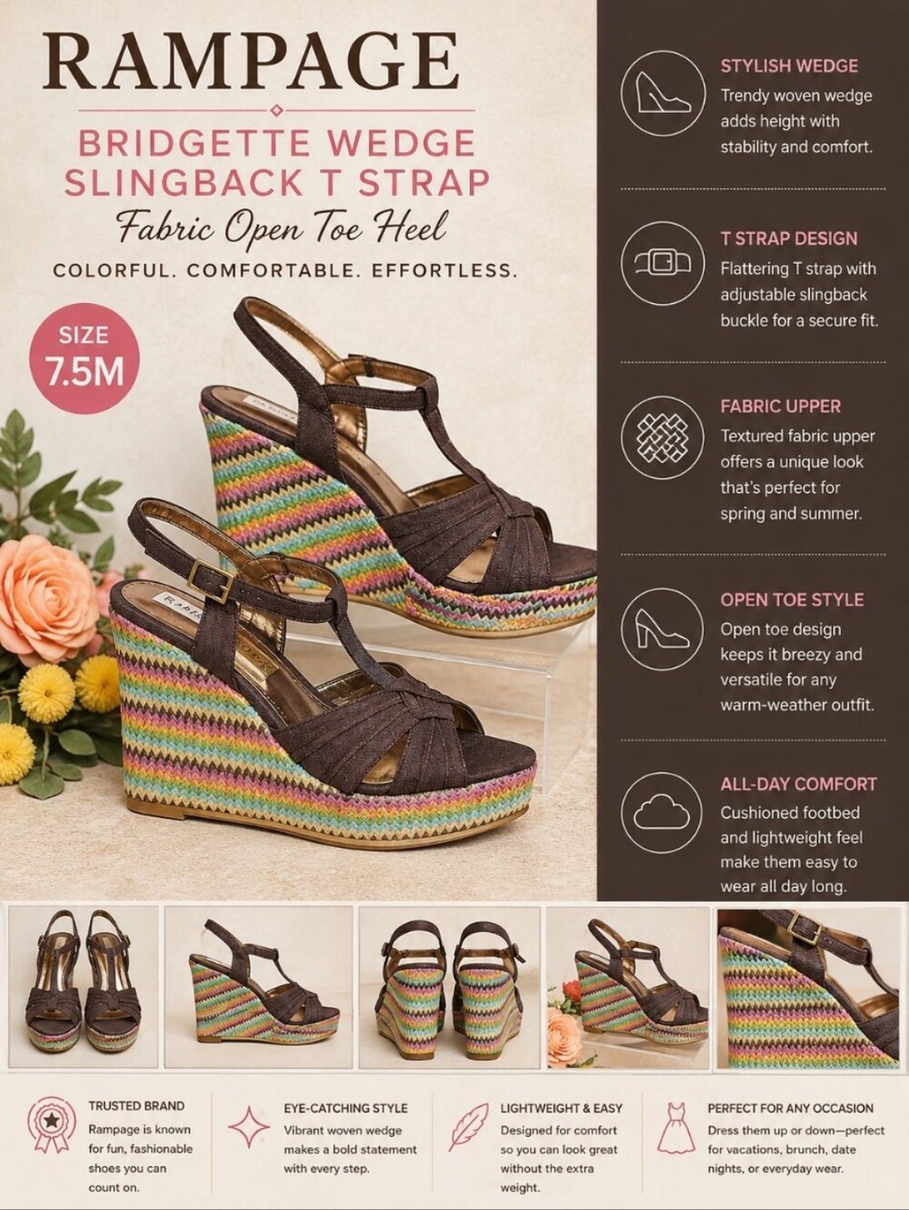 RAMPAGE 7.5M Bridgette Wedge Slingback T Strap Fabric Open Toe Heel